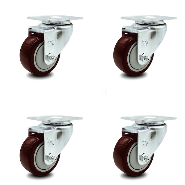 Service Caster 3 Inch Maroon Polyurethane Wheel Swivel Top Plate Caster Set SCC-20S314-PPUB-MRN-TP3-4 - main